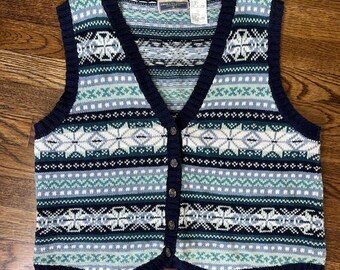 VTG Erika Classics Sweater Vest Womens L Fair Isle Navy Blue Snowflake Cottage