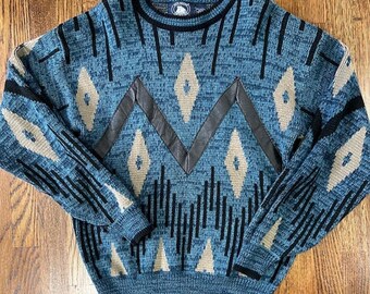 VTG 90s Atlantic Traders Knit Geometric Sweater Mens L Leather Trim Blue Tan