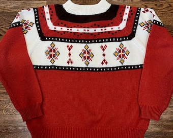 VTG 70s Nordic Fair Isle Knit Sweater Unisex M Retro Burnt Orange Cottagecore