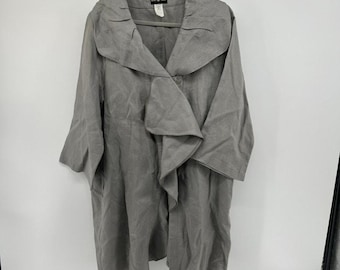 VTG Linen Mid Length Button Jacket Womens L Gray Witchy Boho Lagenlook FlowyUSA