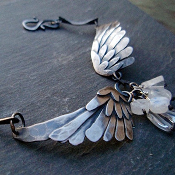 RESERVE for HEATHER!  silver wings bracelet: black bird singing in the dead of night