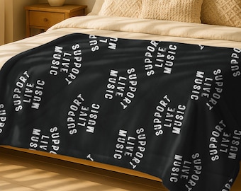 Support Live Music Pattern Blanket, All Over Print Velveteen Plush Throw, Concert Lover Gift, Indie Music Room Decor Accent