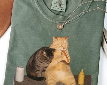 Cat Eating Hot Dog Shirt, Funny Vintage Cat Comfort Colors Tee, Quirky Animal Shirt, Cat Mom Gift, Weird Pet Tee, Surreal Funny Cat T-Shirt