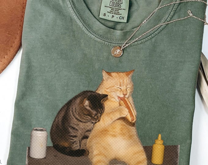 Cat Eating Hot Dog Shirt, Funny Vintage Cat Comfort Colors Tee, Quirky Animal Shirt, Cat Mom Gift, Weird Pet Tee, Surreal Funny Cat T-Shirt