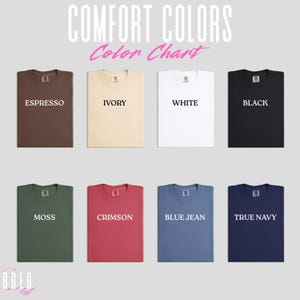 Comfort Colors color chart mockup featuring eight popular shirt colors: Espresso, Ivory, White, Black, Moss, Crimson, Blue Jean, and True Navy, designed for Etsy shoppers choosing t-shirt or sweatshirt colors for foodie graphic tees, vintage-style gifts, or personalized orders.