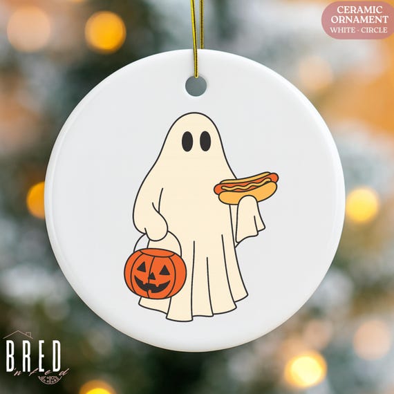Ghost Hot Dog Ornament, Funny Foodie Ceramic Decor, Cute Halloween