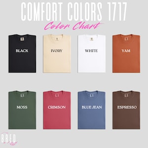 Comfort Colors color chart mockup featuring eight popular Fall season garment colors: Black, Ivory, White, Yam, Moss, Crimson, Blue Jean, and Espresso, designed for Etsy shoppers choosing t-shirt or sweatshirt colors for foodie Holiday graphic tees, Fall vintage-style gifts, or personalized orders.