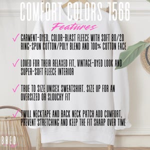 White Comfort Colors 1566 sweatshirt info card with garment details, features garment-dyed, color-blast fleece with soft 80/20 ring-spun cotton/poly blend and 100% cotton faces, vintage relaxed fit. Twill necktape and back neck patch add comfort, prevent stretching and keep the fit sharp over time, unisex sizing tips, perfect for Etsy shoppers seeking high-quality crew sweatshirts.