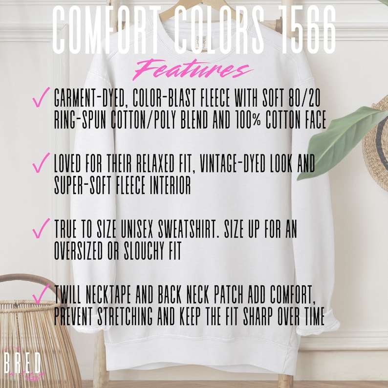 White Comfort Colors 1566 sweatshirt info card with garment details, features garment-dyed, color-blast fleece with soft 80/20 ring-spun cotton/poly blend and 100% cotton faces, vintage relaxed fit. Twill necktape and back neck patch add comfort, prevent stretching and keep the fit sharp over time, unisex sizing tips, perfect for Etsy shoppers seeking high-quality crew sweatshirts.