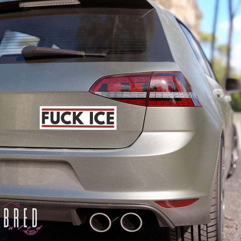 FUCK ICE car magnet shown from an alternate rear vehicle angle, protest bumper magnet designed for visibility while driving.