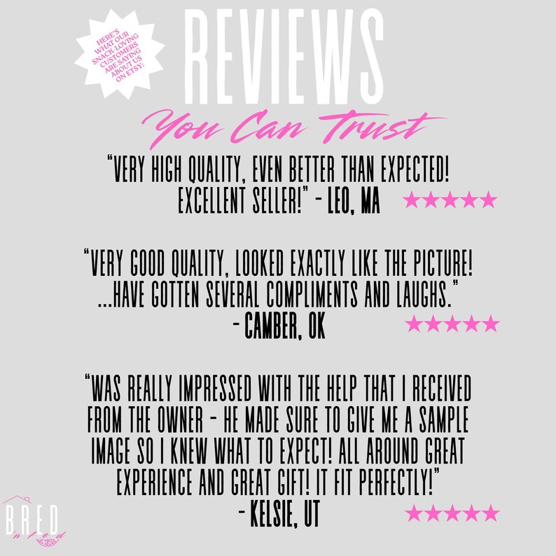 Etsy review card with real 5-star customer testimonials highlighting quality, fast shipping, custom service and satisfaction with Bred N Fed’s sarcastic, foodie-inspired graphic tees and car magnets.