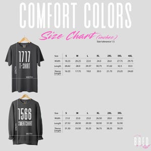 Size chart for Comfort Colors 1717 adult unisex t-shirt and Comfort Colors 1566 crewneck sweatshirt, featuring measurements in inches styled with a pink Bred N Fed logo and modern typography.