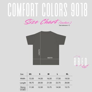 Size chart for Comfort Colors 9018 Youth t-shirt featuring measurements in inches styled with a pink Bred N Fed logo and modern typography.