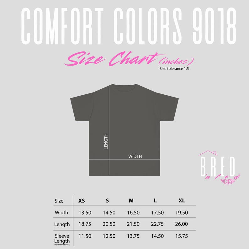 Size chart for Comfort Colors 9018 Youth t-shirt featuring measurements in inches styled with a pink Bred N Fed logo and modern typography.