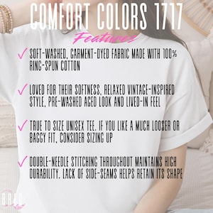 White Comfort Colors 1717 shirt info card with garment details, features soft-washed 100% ring-spun cotton, vintage relaxed fit, double-needle durable stitching, unisex sizing tips, perfect for Etsy shoppers seeking high-quality soft cotton tees.