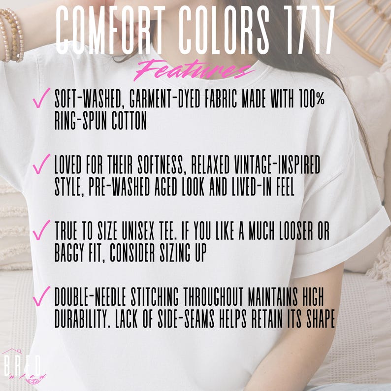 White Comfort Colors 1717 shirt info card with garment details, features soft-washed 100% ring-spun cotton, vintage relaxed fit, double-needle durable stitching, unisex sizing tips, perfect for Etsy shoppers seeking high-quality soft cotton tees.