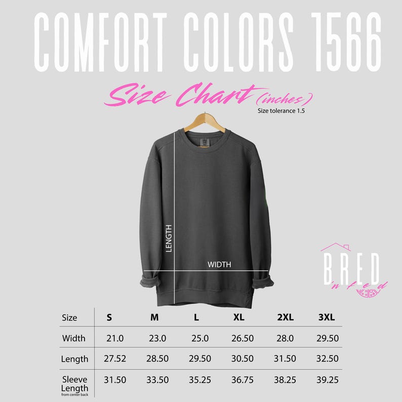 Size chart for Comfort Colors 1566 crewneck sweatshirt featuring measurements in inches styled with a pink Bred N Fed logo and modern typography.