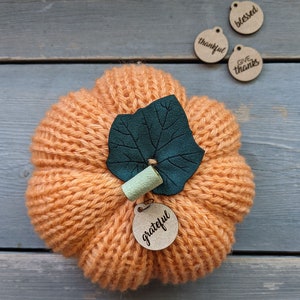 May include: A knitted orange pumpkin with a green felt leaf and a brown wooden tag that says "grateful". There are three other brown wooden tags with the words "blessed", "thankful", and "give thanks".