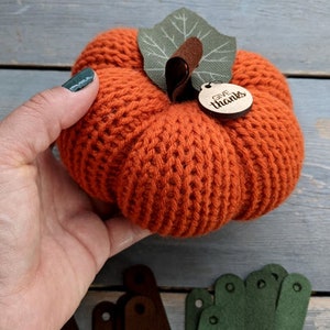 May include: A crocheted orange pumpkin with a green felt leaf and a wooden tag that says "Give Thanks".