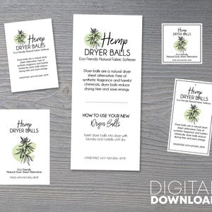 Peut inclure: Quatre étiquettes blanches avec du texte noir et un motif de feuille de chanvre verte. Les étiquettes indiquent "Hemp Dryer Balls" et "Eco Friendly Natural Fabric Softener". Une étiquette contient des instructions sur la façon d'utiliser les balles de séchage.