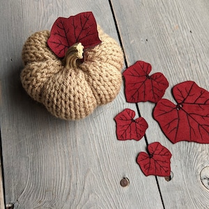 May include: A knitted brown pumpkin with a stem and five red felt leaves.