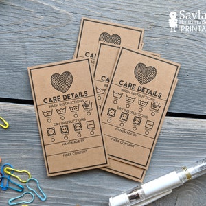 Care labels for handmade items, business card size tags for packaging handmade items, printable care tags, market prep tools