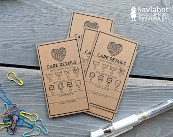 Care labels for handmade items, business card size tags for packaging handmade items, printable care tags, market prep tools