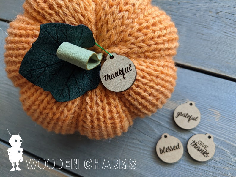 May include: Orange knitted pumpkin with a green leaf and a wooden tag that says "thankful". Three additional wooden tags with the words "grateful", "blessed", and "give thanks" are on a gray wooden surface.