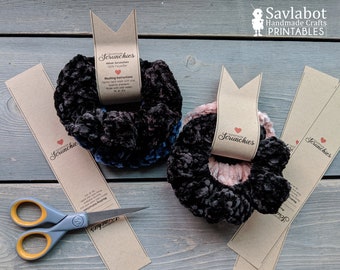 Printable Scrunchies 3 Pack and Wrap Set, velvet, knit, crochet, labels, DIY Packaging, printable tags for handmade scrunchies