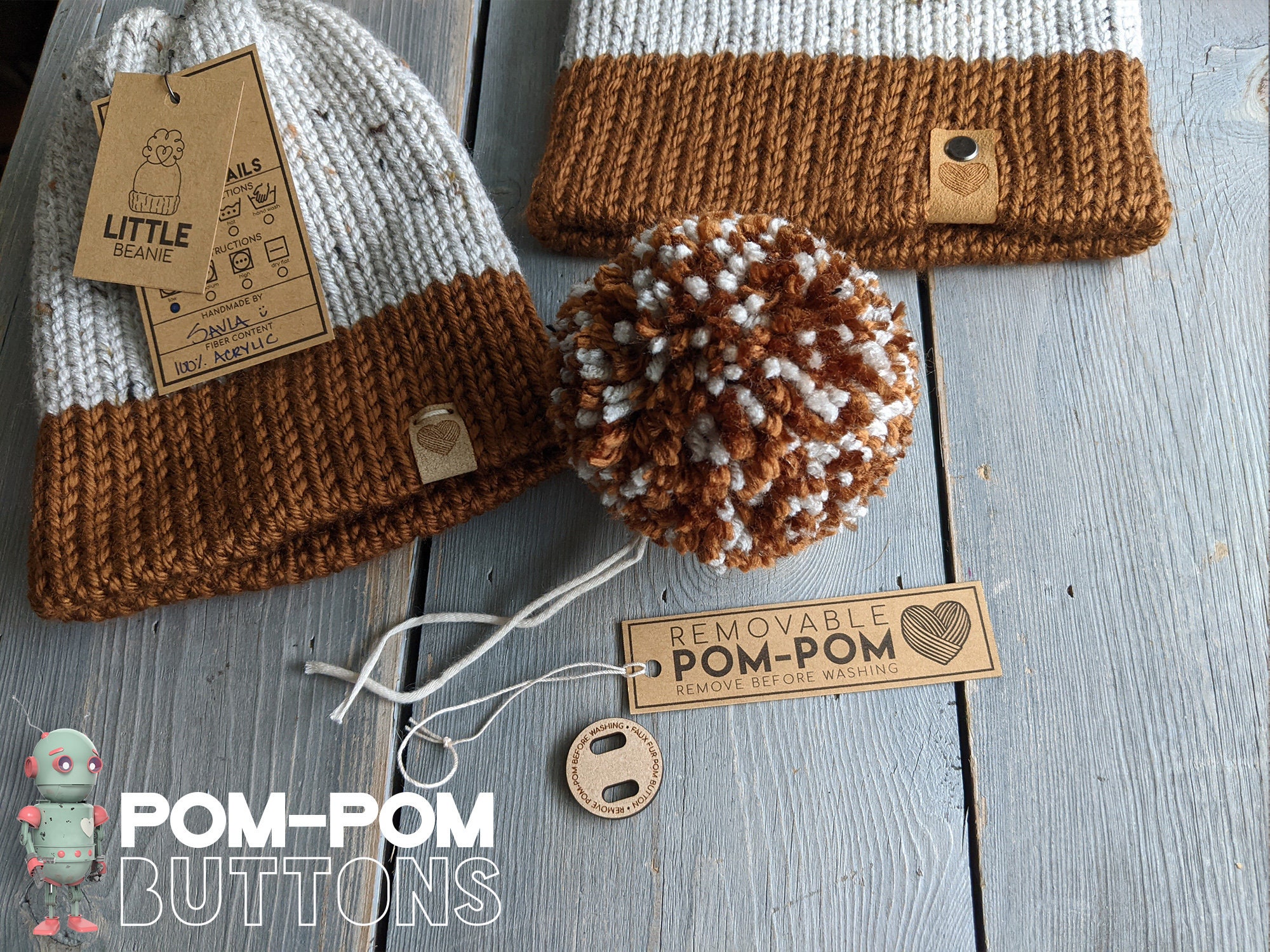 Pom-pom Buttons for Use With Faux Fur and Yarn Pom Poms That Are Removed  Before Washing a Handmade Beanie 