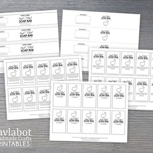 Peut inclure: Etiquettes imprimables pour savons avec une illustration d'alpaga en noir et blanc. Les étiquettes indiquent "Savon artisanal" et comprennent un espace pour les ingrédients et d'autres informations.