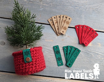 XMAS Mini Vegan Suede Product Labels, Mini Tags with Reindeer, Pine Tree and Snowflake, Plant cozy tag