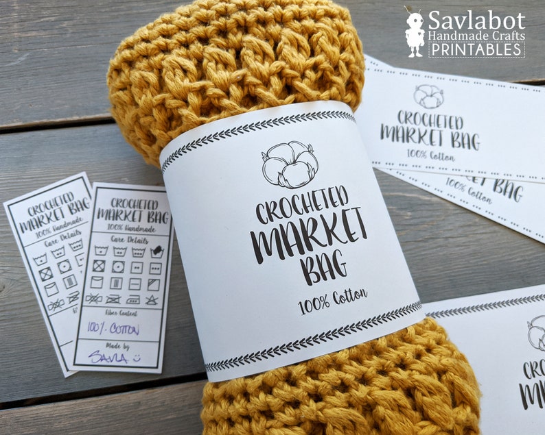 crochet market bags PDF Files Printable Market Bag Wraps with care detail card 2 styles and 2 sizes tags for packaging handmade