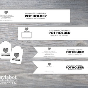 Pot Holder wrap and tag set, yarn heart Pot Holders Tags, printable gift tags, labels, market display DIY Packaging,