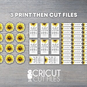May include: A set of printable and cuttable files for crafting. The files feature a sunflower design with the text "Handmade" and care instructions. The set includes 3 different designs: a circle, a square, and a banner.