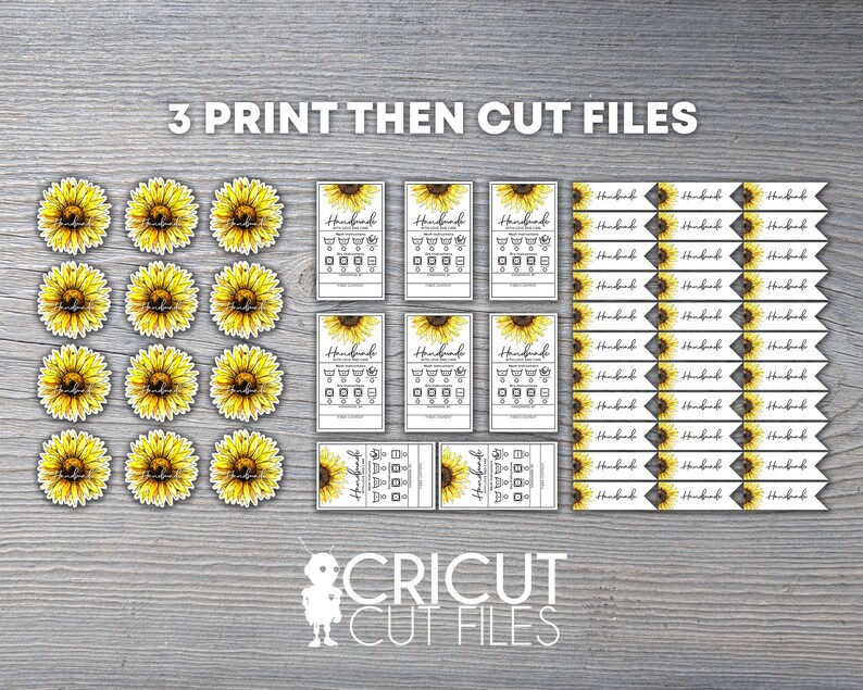 May include: A set of printable and cuttable files for crafting. The files feature a sunflower design with the text "Handmade" and care instructions. The set includes 3 different designs: a circle, a square, and a banner.