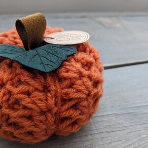 May include: A crocheted orange pumpkin with a green felt leaf and a brown leather stem. The pumpkin has a small tag attached to it that says "Savlabot Handmade".