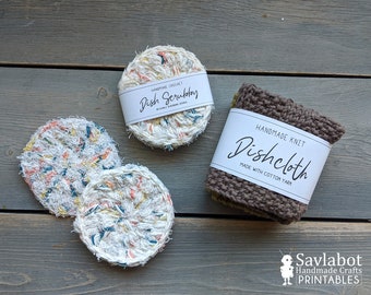 Printable Dish Scrubby and Dishcloth Wraps, Crochet Packaging Tags (PDF)