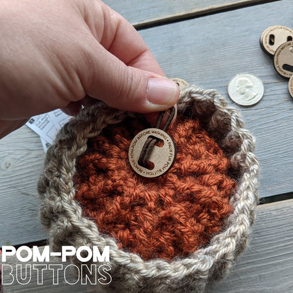 Pom-Pom Buttons for use with Faux Fur and Yarn Pom Poms that are removed before washing a handmade beanie