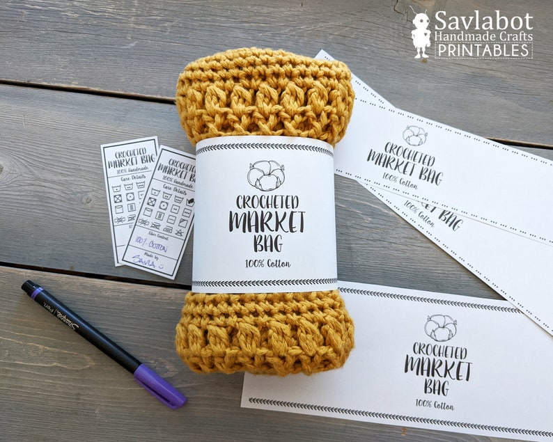 crochet market bags PDF Files Printable Market Bag Wraps with care detail card 2 styles and 2 sizes tags for packaging handmade