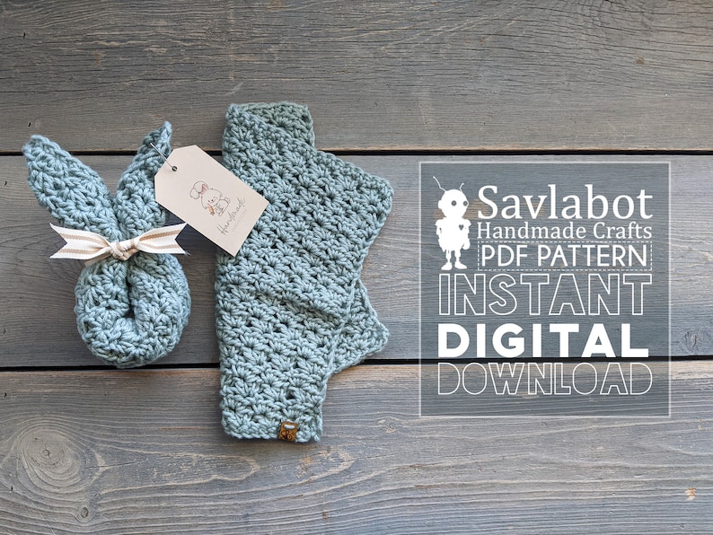 May include: A crochet bunny and a crochet headband in a light blue color. The image includes the text "Savlabot Handmade Crafts PDF Pattern Instant Digital Download".