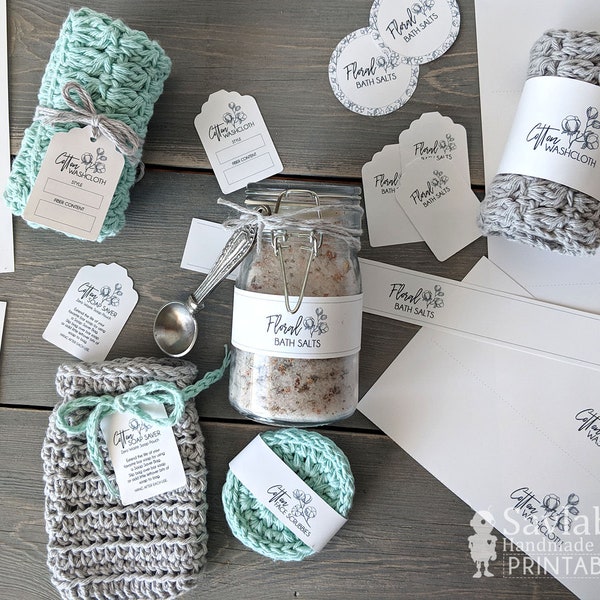 Cotton Spa Set crochet tags labels, face scrubbies, washcloth wrap, bath salts, soap saver bag, Market Display, DIY Packaging