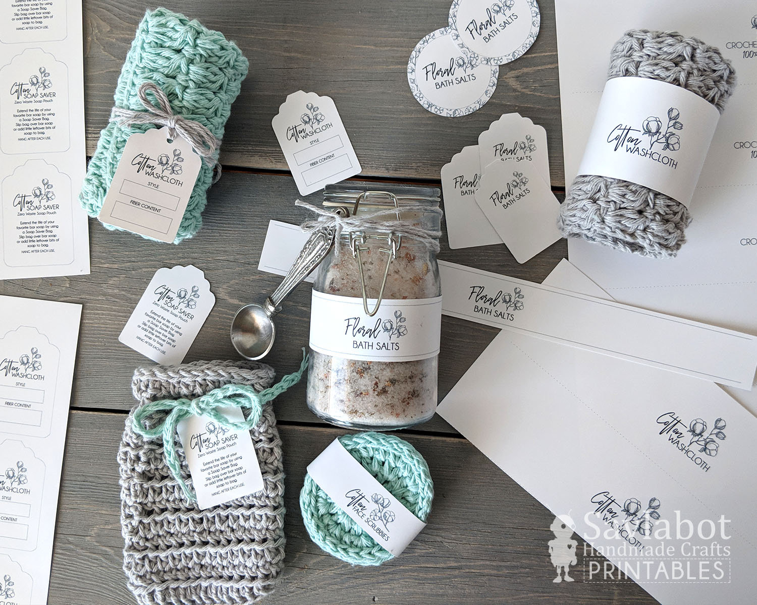 Cotton Spa Set crochet tags labels, face scrubbies, washcloth wrap, bath salts, soap saver bag, Market Display, DIY Packaging