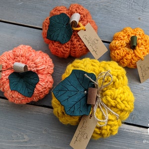 May include: Three crocheted pumpkins in orange, yellow, and peach colors with green felt leaves and brown twine. Each pumpkin has a small tag attached that says "Crochet Pumpkin".