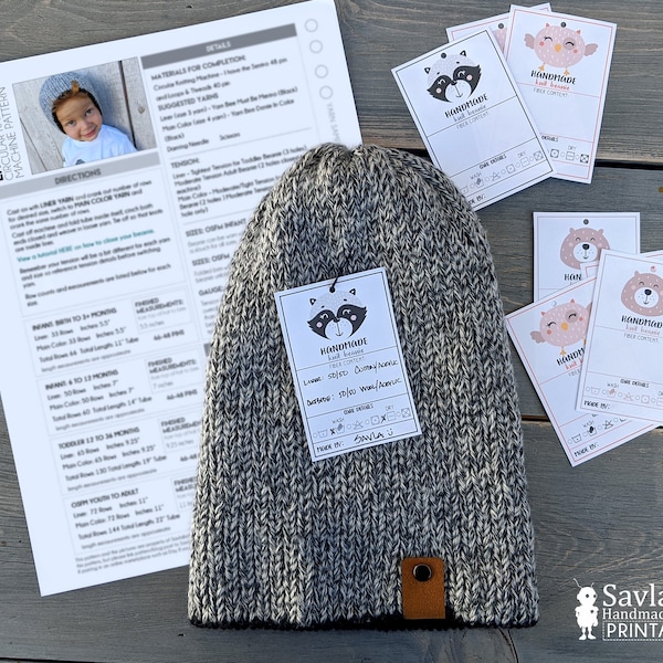 Sentro ™ Knitting Machine Beanie Pattern and Care Tag Printable, Lil' Bandit Knit Beanie, owl, bear, raccoon, Adult, Youth, Toddler sizes