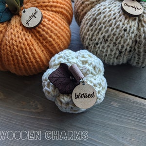 May include: Three knitted pumpkins with wooden tags that say "grateful", "thankful", and "blessed".