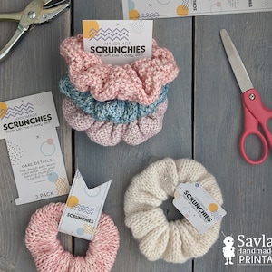 Retro Scrunchies Printable Display Set, Handmade Scrunchies, DIY Packaging, printable hang tags and flag wraps