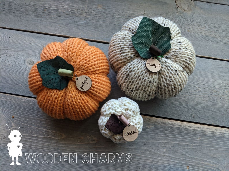 May include: Three knitted pumpkins with wooden charms. The pumpkins are orange, white, and beige. The charms say "grateful", "thankful", and "blessed".