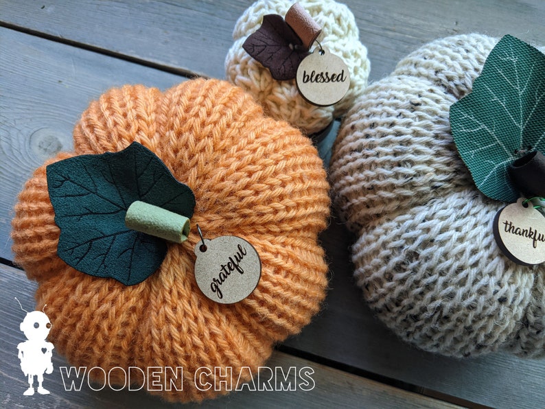 May include: Three knitted pumpkins with wooden tags. The orange pumpkin has a green leaf and the tag says "grateful". The white pumpkin has a green leaf and the tag says "thankful". The smaller white pumpkin has a brown leaf and the tag says "blessed".