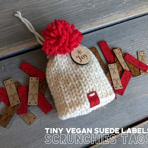 CANDY CANE SCRUNCHIES vegan faux suede tags, Product Labels